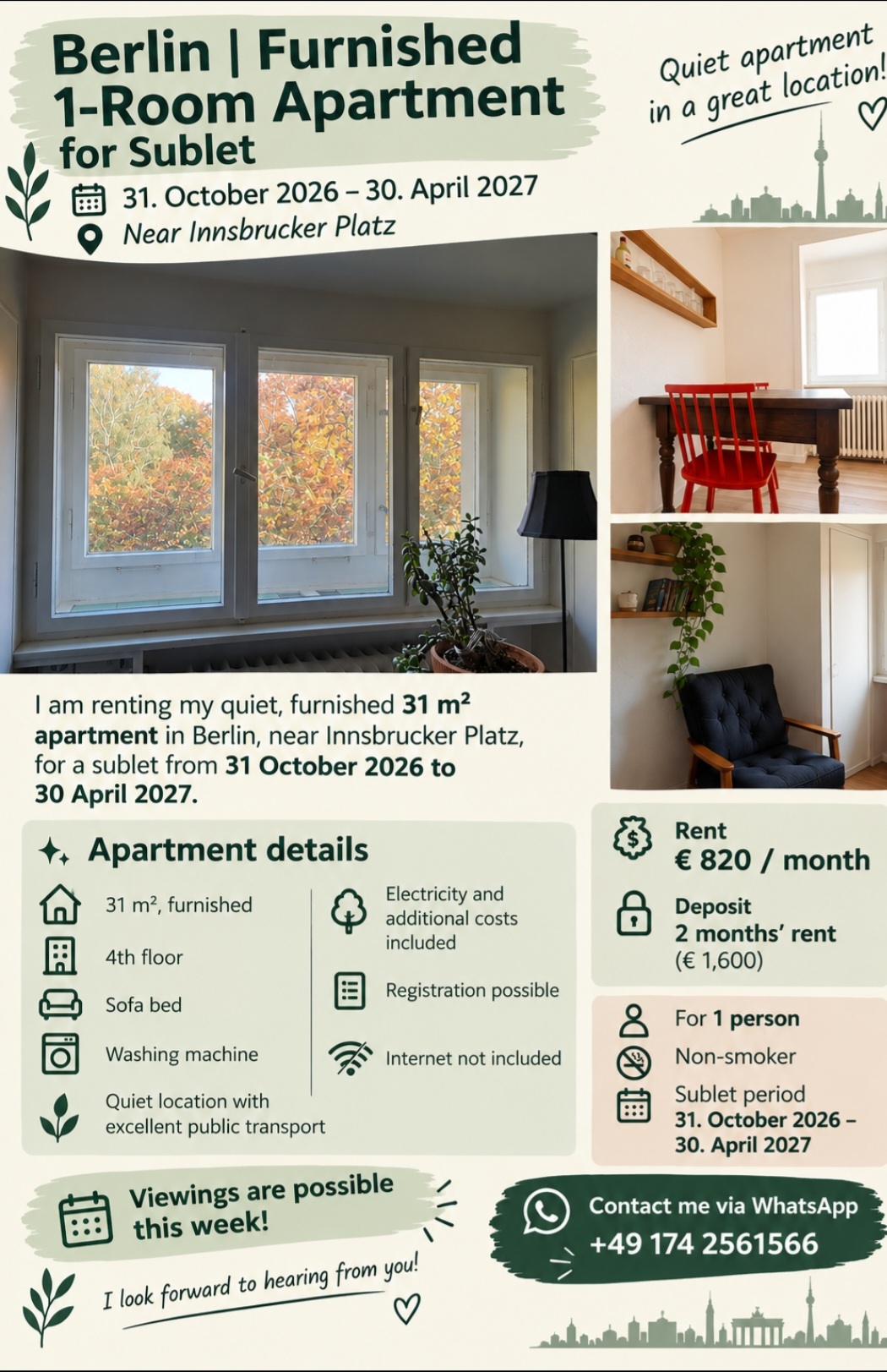 Furnished Studio Apartment (31 m²) for Sublet – Quiet, Bright & Centrally Located